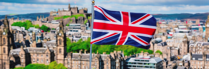 the flag of Great Britain on the background of the city of Edinburgh. Fringe Arts Festival in...