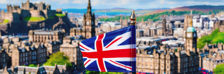 the flag of Great Britain on the background of the city of Edinburgh. Fringe Arts Festival in Edinburgh