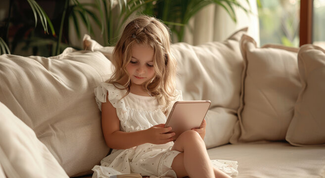 A little girl sitting on the sofa with an iPad in her hands, white dress and light hair. The background is a modern living room with beige sofas