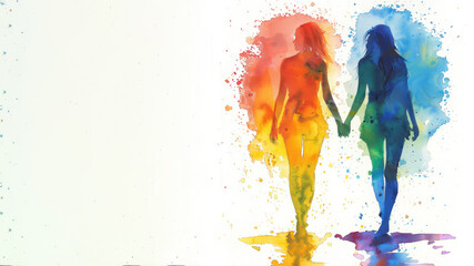 Fototapeta premium Rainbow watercolor paint of 2 women walk for pride equality celebration
