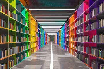 A 3D rendering bright and colorful library with bookshelves bookshelves and workspace and plenty of...