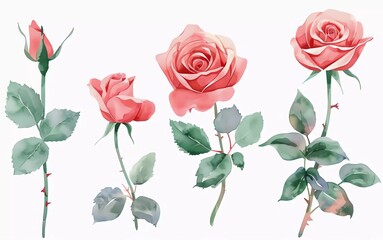 Rose flowers watercolor set. Collection of pink or red roses isolated on white background. Very beautiful vector illustration