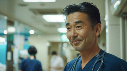 A confident male Japanese nurse in his fifties, attired in traditional scrubs, stands poised in the bustling hallway of a busy Tokyo hospital. His warm gaze follows a patient passing by, accompanied 