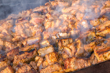 A plate of meat is being cooked on a grill. Large pieces of meat