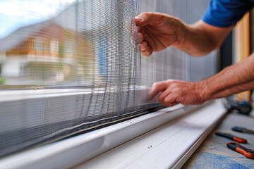 Detailed view of a man's hands adjusting a window screen, with tools visible on a blurred suburban background.