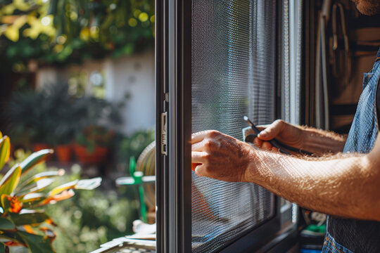 An elderly man carefully installs a new screen in a window, illuminated by natural sunlight with a lush garden background.