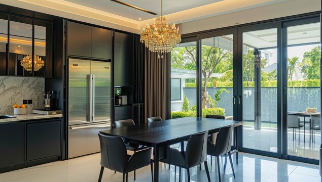 Interior design of a small family dining room, Grey chairs, wooden table, panel wall, beautiful light, and picture frame on the wall.