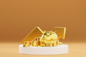 Stack of golden coins with piggy bank on white podium signifies financial abundance and successful investments.