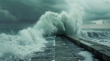 A powerful wave crashes against a breakwater, showcasing nature's force.

