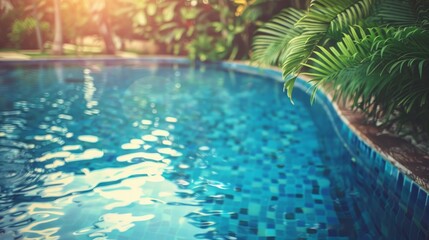 A serene outdoor scene featuring a blue swimming pool encircled by a lush green garden, ideal for summer relaxation.

