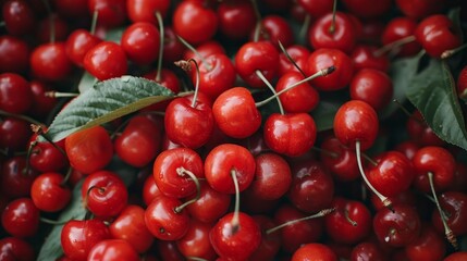 A close-up shot capturing a large collection of ripe cherries with stalks and leaves