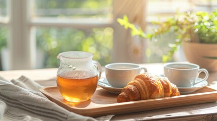 A cozy setup featuring a dish towel, a fresh croissant, and ceramic cups of tea neatly arranged on...