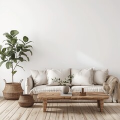 Living room interior in cozy Scandinavian and modern style decoration with sofa,  