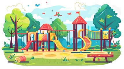 A vibrant playground structure designed for outdoor fun, featuring colorful equipment suitable for a school or public park setting.

