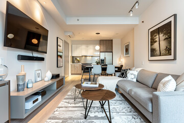 Fototapeta premium Contemporary minimalist living room with a compact layout, essential furnishings, and a clean aesthetic.