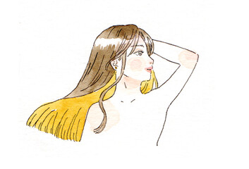 アナログ透明水彩イラスト　インナーカラーを入れたロングヘアーの女性のイラストレーション