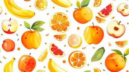 watercolor seamless pattern of apple banana and orange fruit.
