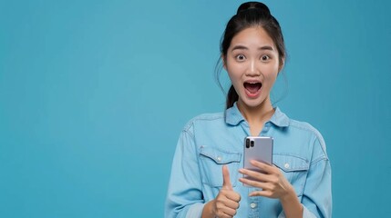 Surprised young Asian woman using mobile phone isolated on blue. promotion and advertising concept.