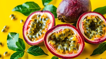 Naklejka premium Isolated Passion fruit, pastel background, Copy space