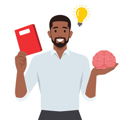 Young man holding brain while studying for school. Idea thinking. Flat vector illustration isolated on white background