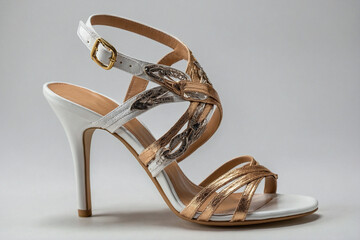 An elegant sandal with delicate ankle wrap detailing and metallic accents, exuding sophistication and grace