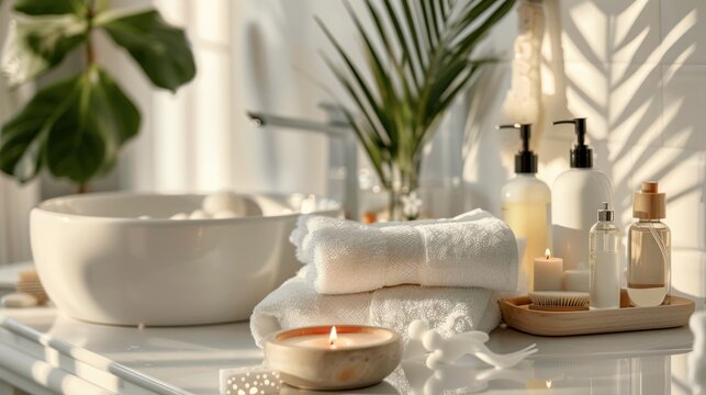  A serene spa setting in a white bathroom, featuring neatly arranged towels and an assortment of cosmetics