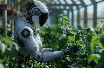 A futuristic robot is tending to crops in an agricultural field, using advanced technology and AI for precision farming