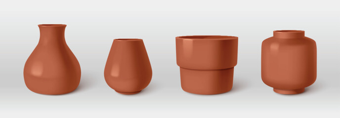 Brown clay vases set isolated on background. Vector realistic illustration of 3D ceramic bottle, jar, jug shape plastic urns, handmade pottery mockups, home interior design elements, decor collection