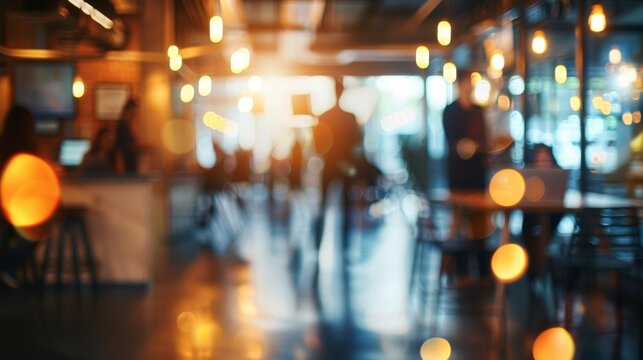 This image features an out-of-focus scene of a cafe with glowing bokeh lighting effects, evoking a warm, inviting atmosphere