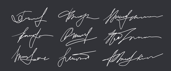 Set of different fake autographs and signatures, mimicking authenticity for certificates, letters or documents, featuring handcrafted doodles and scribbles, vector illustration