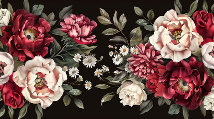 A bouquet of red, pink and white flowers of roses and peonies on a black background, with petals.