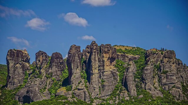 Beautiful rocky mountains in Meteora region, Greece, time lapse view