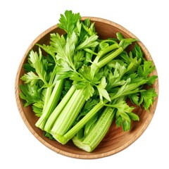 fresh celery in wooden bowl isolated on white background. 