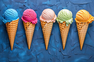 Colorful ice cream cones isolated on rough navy background