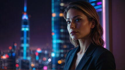 Obraz premium Business woman against the background of city lights and skyscrapers