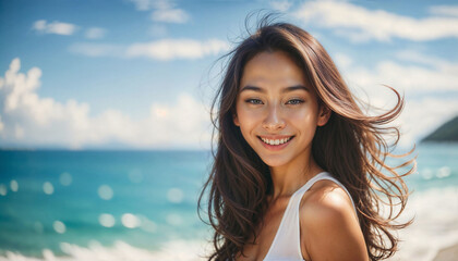 Naklejka premium Happy woman showing her smile enjoying summer on vacation at sea