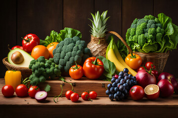 Fresh fruits and vegetables for the background, different fruits and vegetables for eating healthy