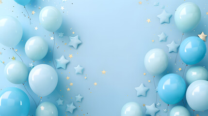 Charming light and dark blue balloons decorated with golden star confetti float on a serene blue background, perfect for festive and celebratory themes copy space