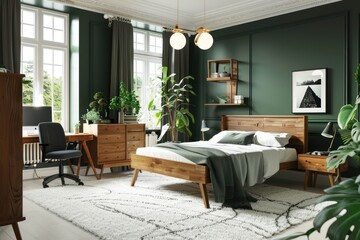 Fototapeta premium Luxurious bedroom with dark green panel walls, brass accents, and a plush green duvet. Fits for hotel advertising, interior design catalogs, and furniture retail. tawassul