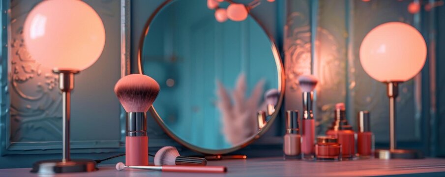 A 3D rendered dressing table with a mirror, two makeup brushes, and a spotlight