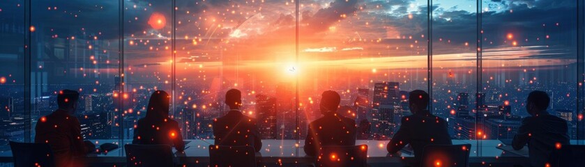 A corporate strategy session in a skyscraper, using predictive analytics to direct future industry strategies