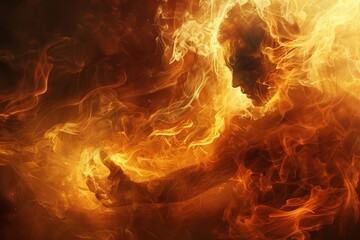 A demonic figure emerges from flames, blending human and infernal features in a dramatic tableau