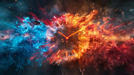 A digital nursery clock displaying time with colorful, abstract bursts every hour