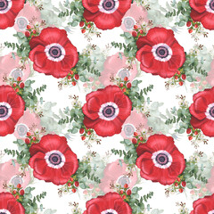 Bouquet of red anemones, eucalyptus and hypericum. Watercolor illustration. Seamless pattern of floral composition with field poppies and greenery. For spring textiles, wallpaper, flower shop
