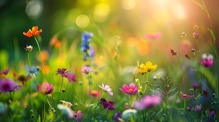 A vibrant wildflower meadow bathed in the golden light of dawn, featuring a variety of colorful blooms with a soft focus background, evoking a sense of peace and natural beauty.