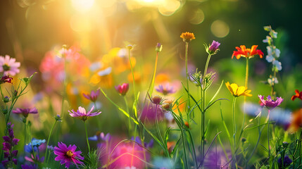 A vibrant field of wildflowers illuminated by the radiant light of an early morning sunrise, showcasing a spectrum of colors and the fresh, dewy ambiance of spring.