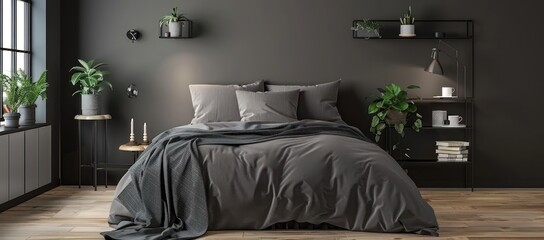 A contemporary minimalist bedroom, showcasing a monochrome black bed with crisp linens, a...