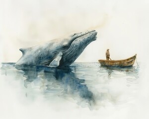A watercolor scene featuring a gentle whale and a small boat, evoking a sense of peaceful coexistence