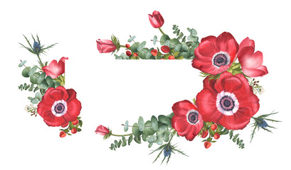 Horizontal frame of red anemones, with eucalyptus hypericum and eryngium. Watercolor illustration. Floral arrangement with poppies and greenery. Spring banner, cards, flower shops