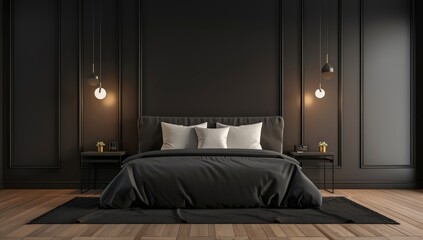 Modern interior design of dark black luxurious bedroom with wood slat wall and accent lighting with multiple flower vases. tawassul